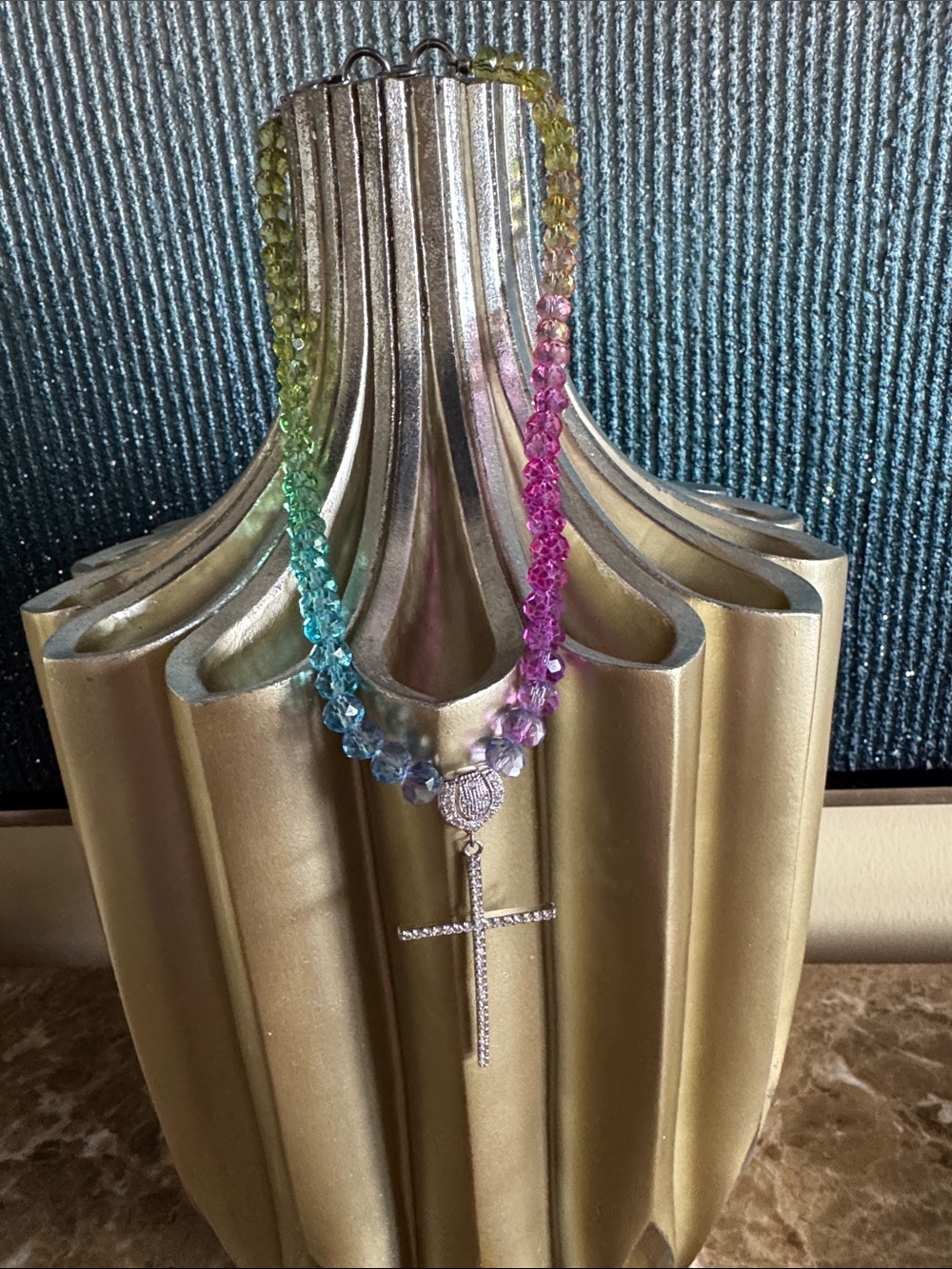 Rainbow Crystal Beaded Necklace with Cross Pendant